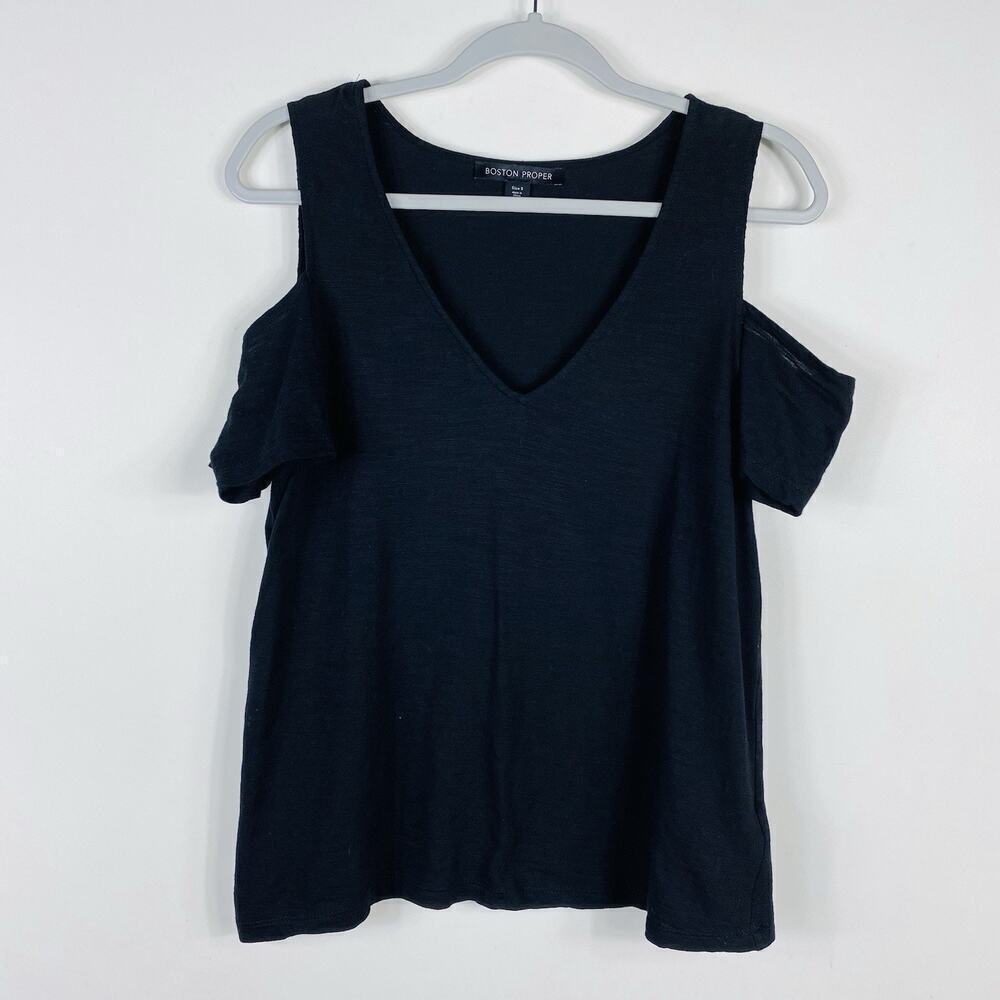 Boston Proper Size Small Cold Shoulder V-Neck Top Black 100% Cotton